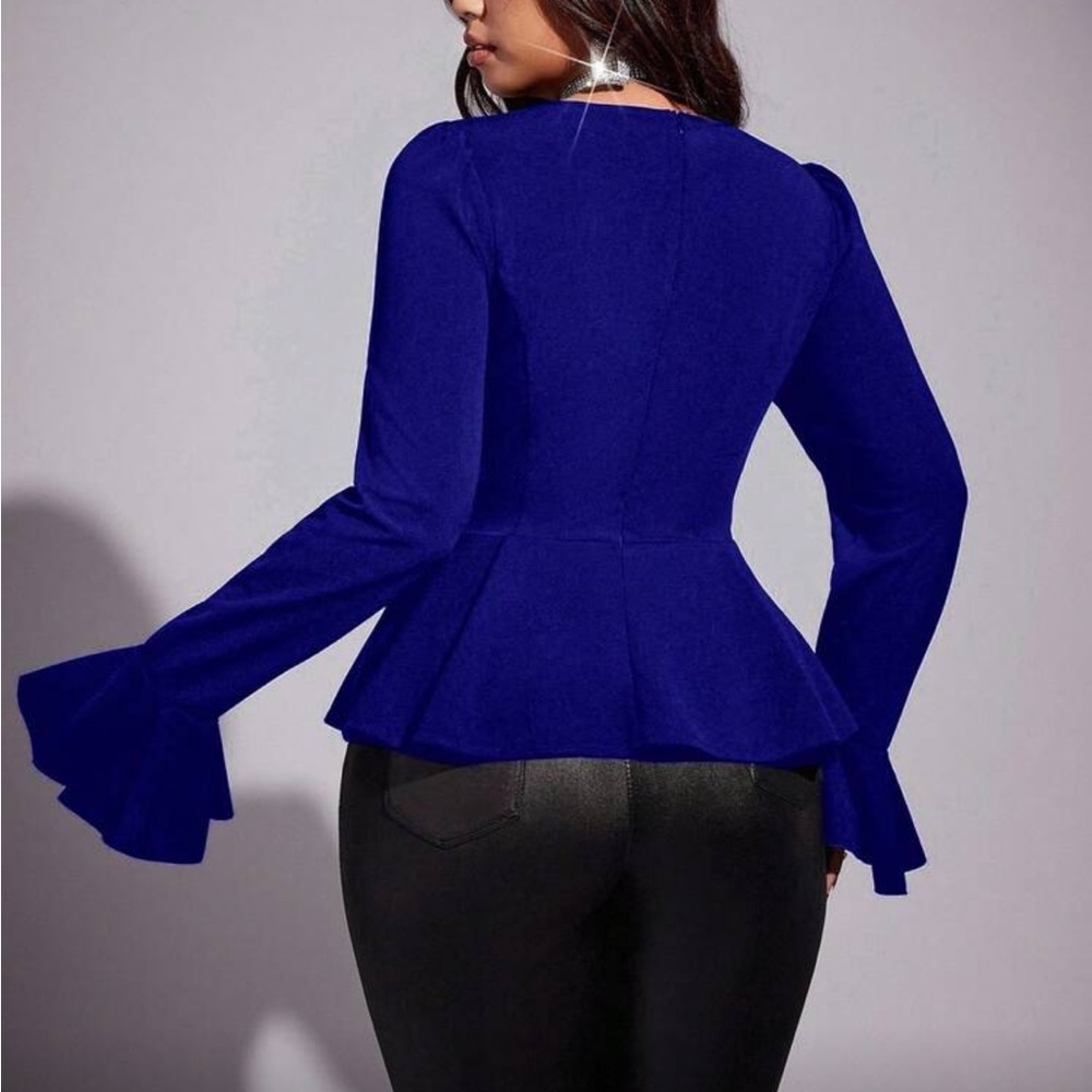 Elegant Long Sleeve Flare Peplum Top Blouse Shirt Green - Picture 15 of 16